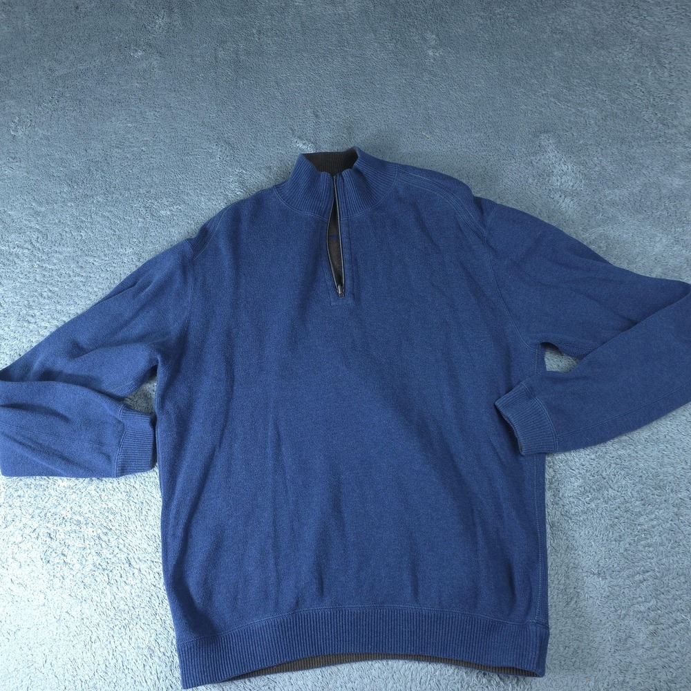 Tommy Bahama Sweater Mens Large Blue 1/4 Zip Mock Neck Cotton Pullover